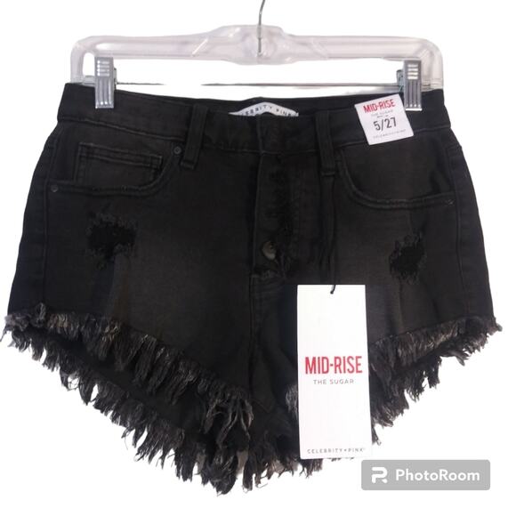 Celebrity Pink The Sugar Black Cut Off Frayed Mid Rise Jean Shorts Size 5/27 - Picture 1 of 9